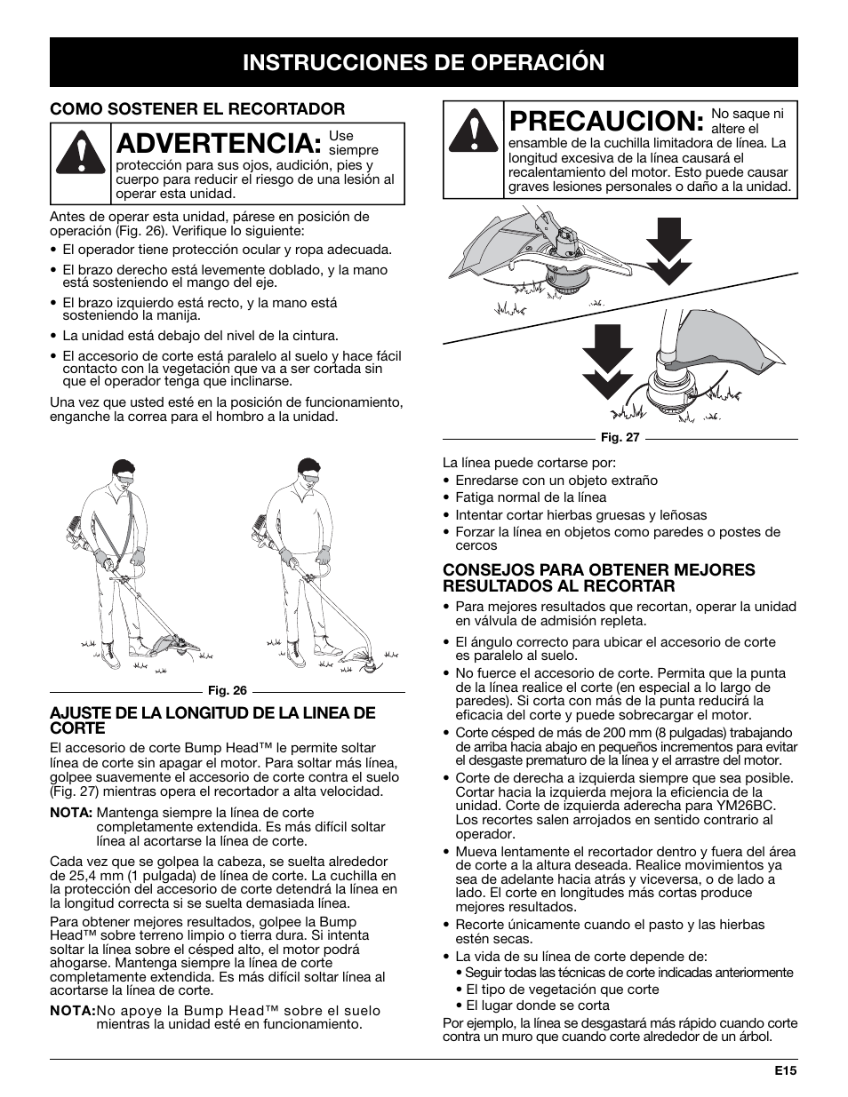 Precaucion, Advertencia, Instrucciones de operación | MTD YM26CO User Manual | Page 79 / 104