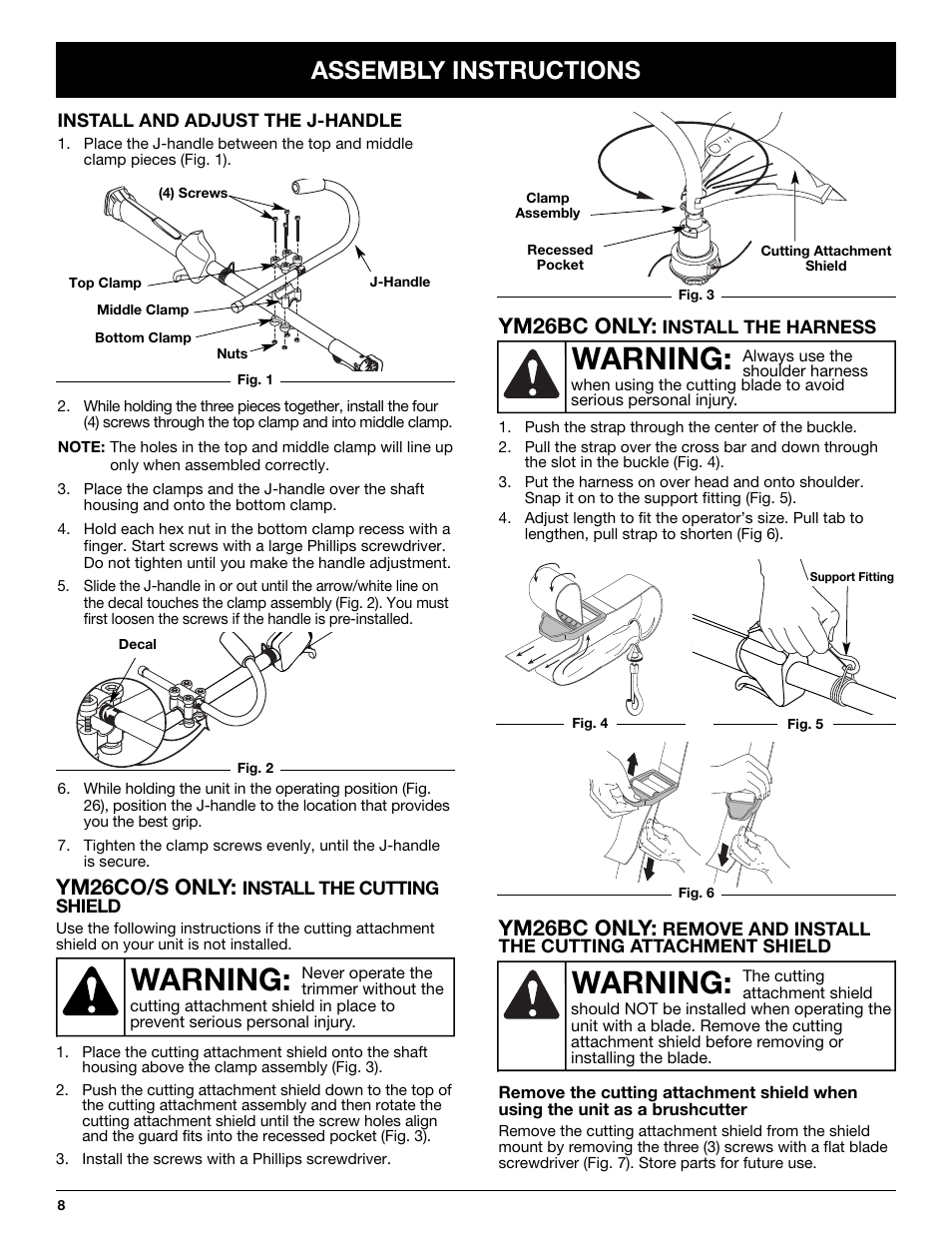 Warning, Assembly instructions, Ym26bc only | Ym26co/s only | MTD YM26CO User Manual | Page 8 / 104