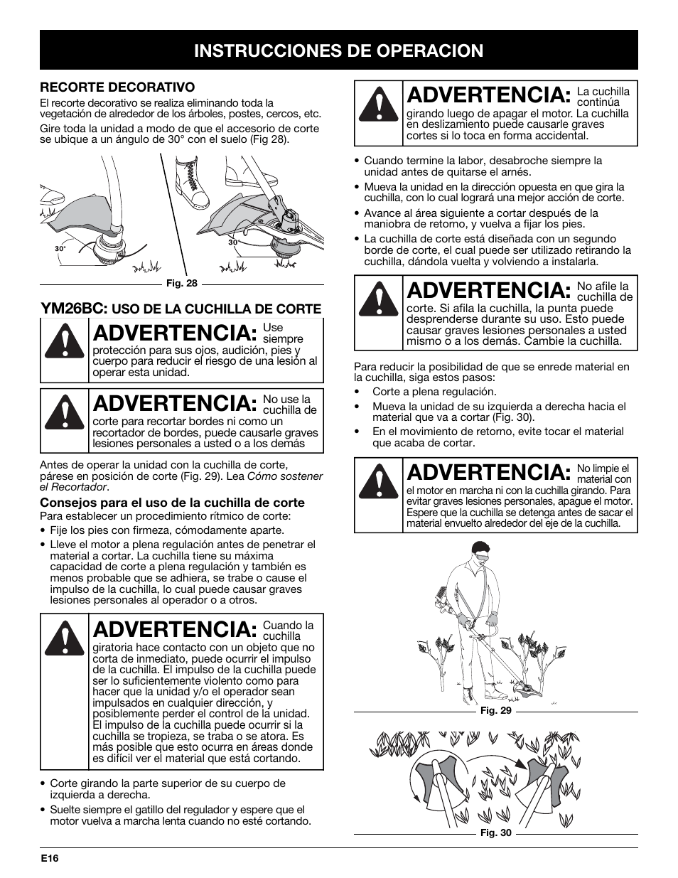 Advertencia, Instrucciones de operacion | MTD YM26CO User Manual | Page 80 / 104