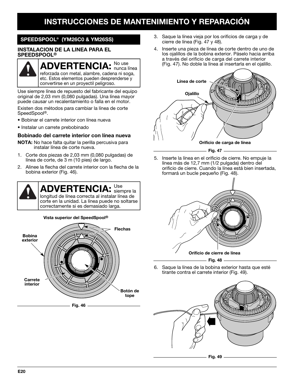 Advertencia, Instrucciones de mantenimiento y reparación | MTD YM26CO User Manual | Page 84 / 104