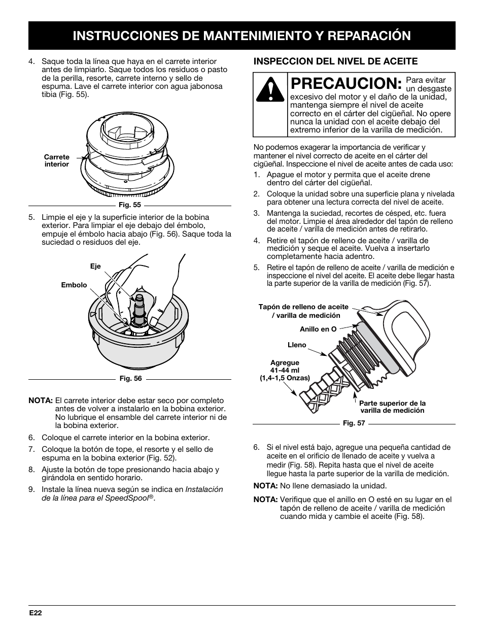 Precaucion, Instrucciones de mantenimiento y reparación | MTD YM26CO User Manual | Page 86 / 104