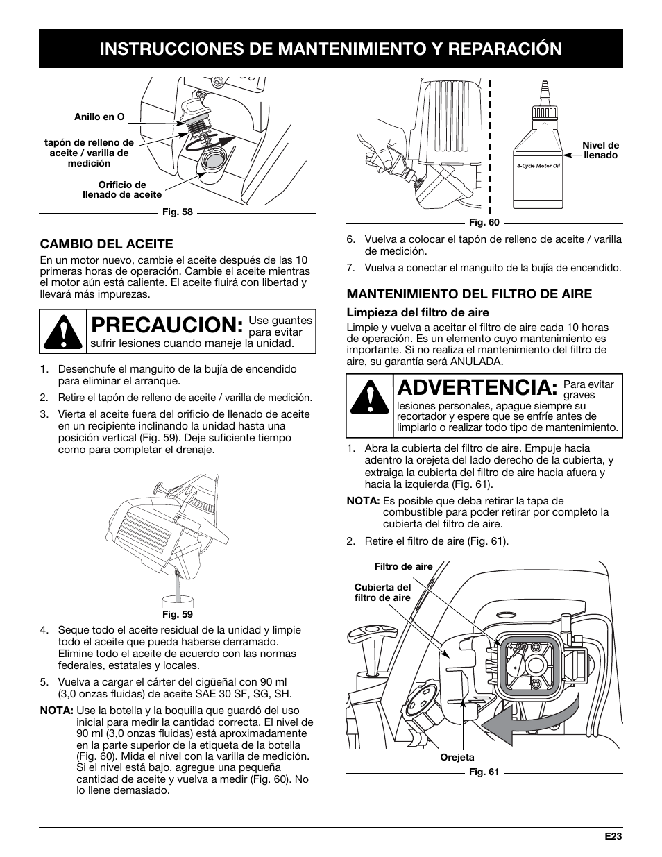 Precaucion, Advertencia, Instrucciones de mantenimiento y reparación | MTD YM26CO User Manual | Page 87 / 104