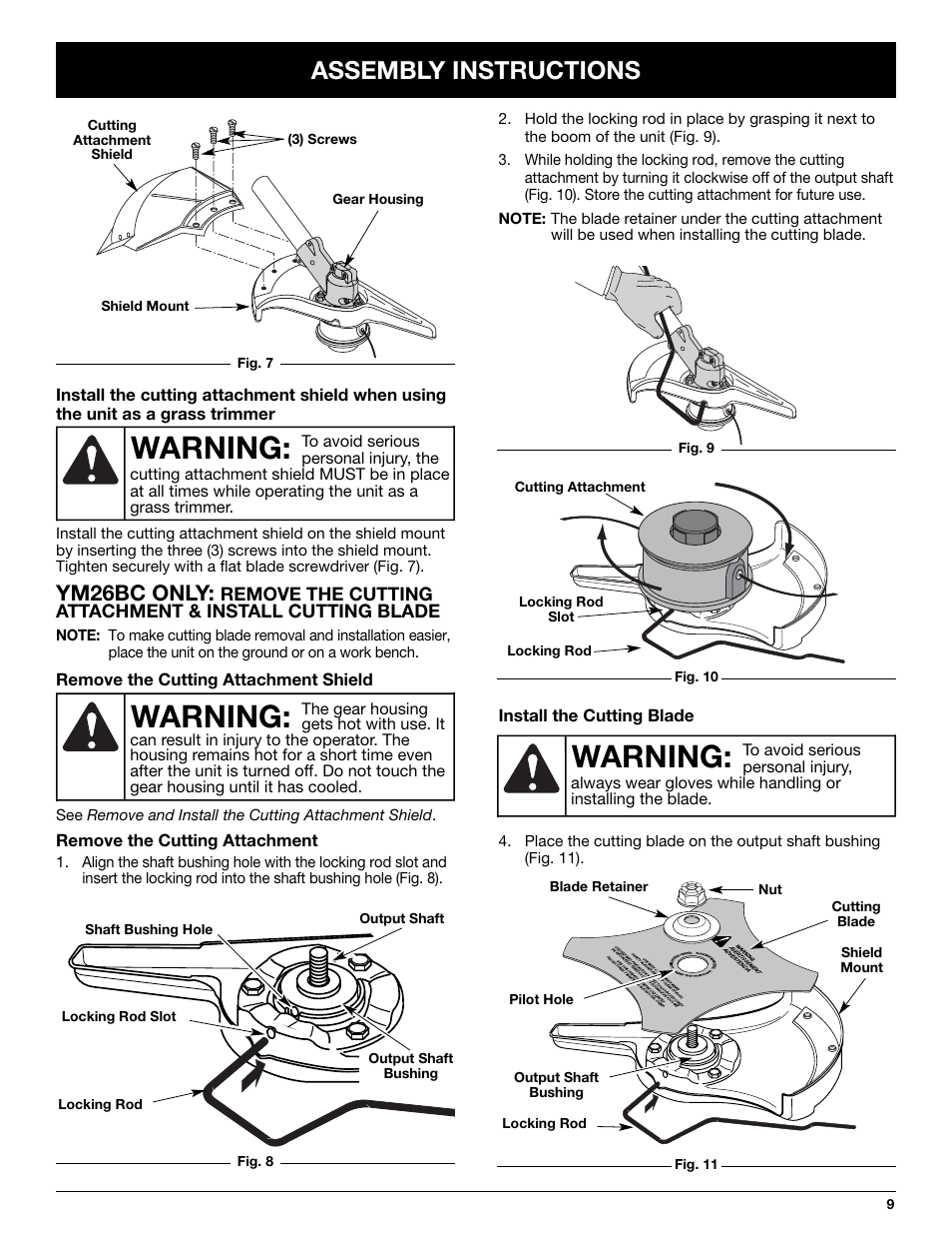 Warning, Assembly instructions, Ym26bc only | MTD YM26CO User Manual | Page 9 / 104