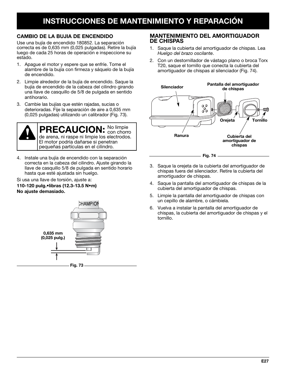 Precaucion, Instrucciones de mantenimiento y reparación | MTD YM26CO User Manual | Page 91 / 104