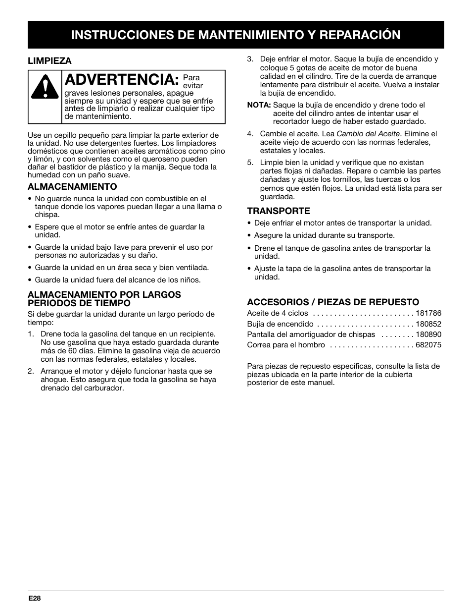 Advertencia, Instrucciones de mantenimiento y reparación | MTD YM26CO User Manual | Page 92 / 104