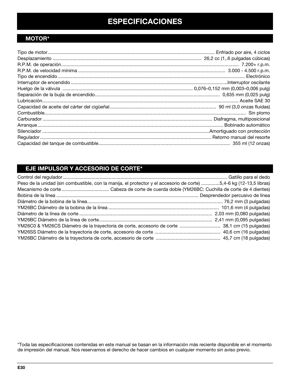 Especificaciones | MTD YM26CO User Manual | Page 94 / 104