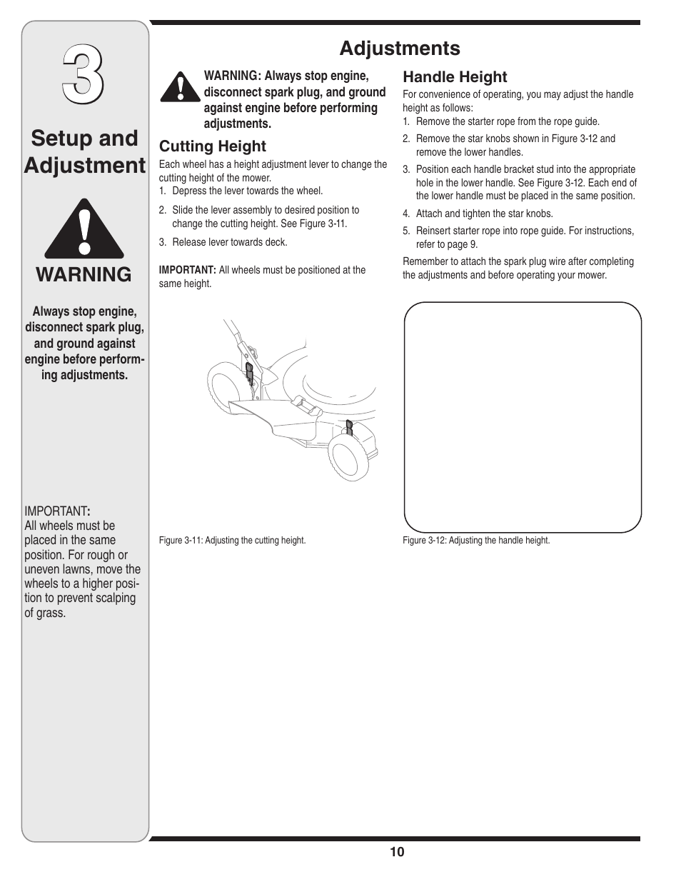 Setup and adjustment, Warning adjustments | MTD 030 Series User Manual | Page 10 / 20