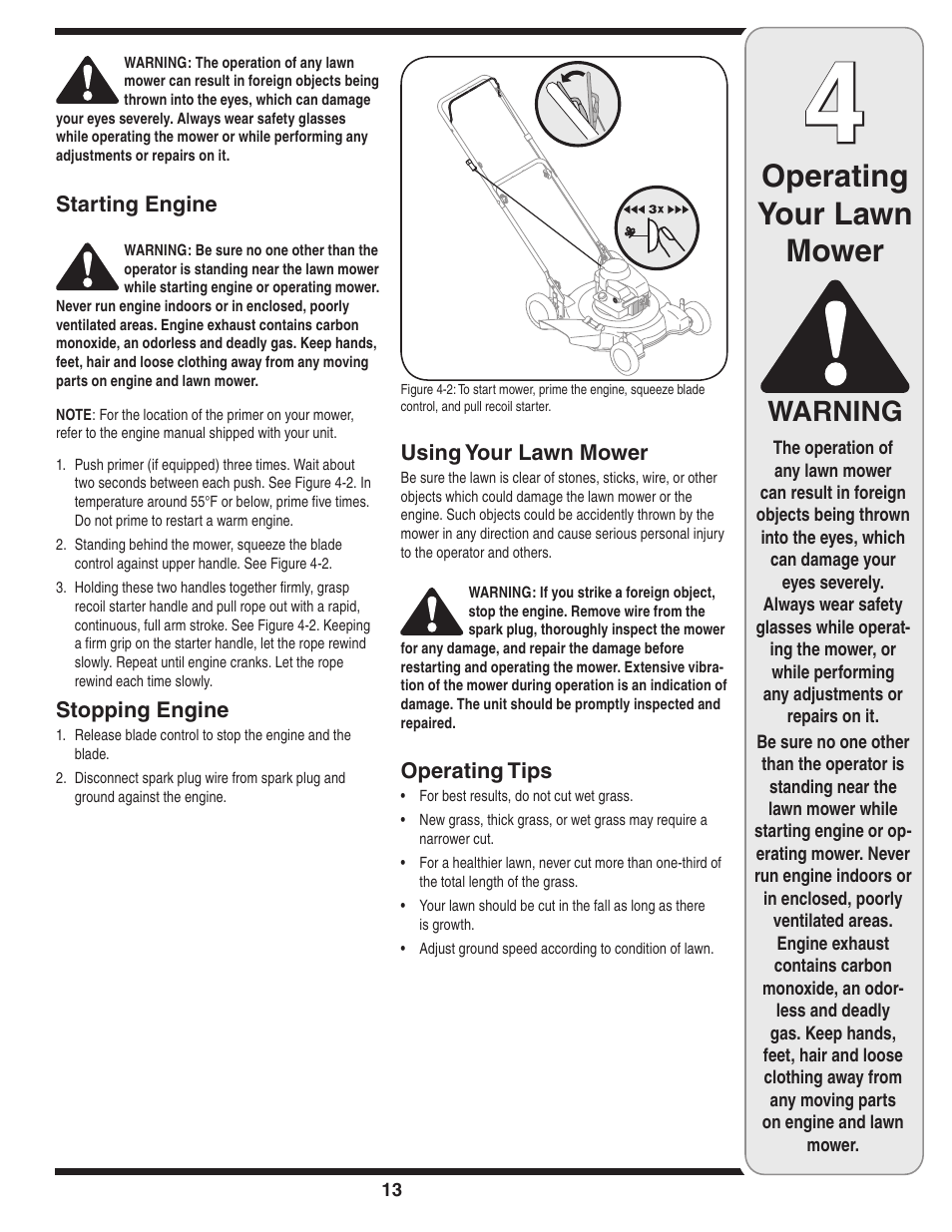 Operating your lawn mower, Warning | MTD 030 Series User Manual | Page 13 / 20