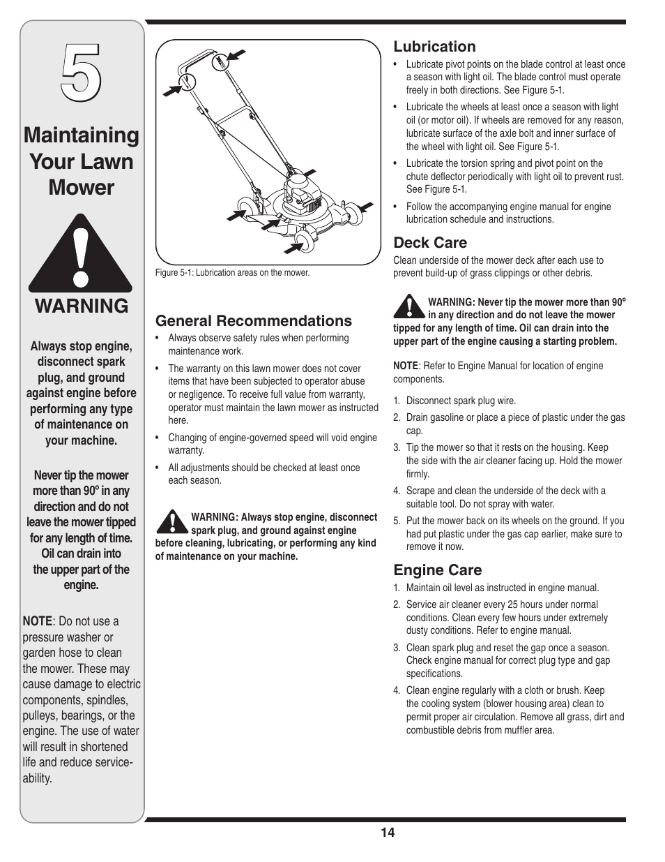 Maintaining your lawn mower, Warning | MTD 030 Series User Manual | Page 14 / 20