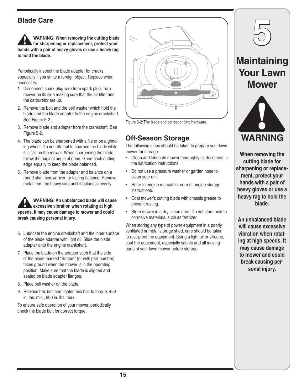 Maintaining your lawn mower, Warning | MTD 030 Series User Manual | Page 15 / 20