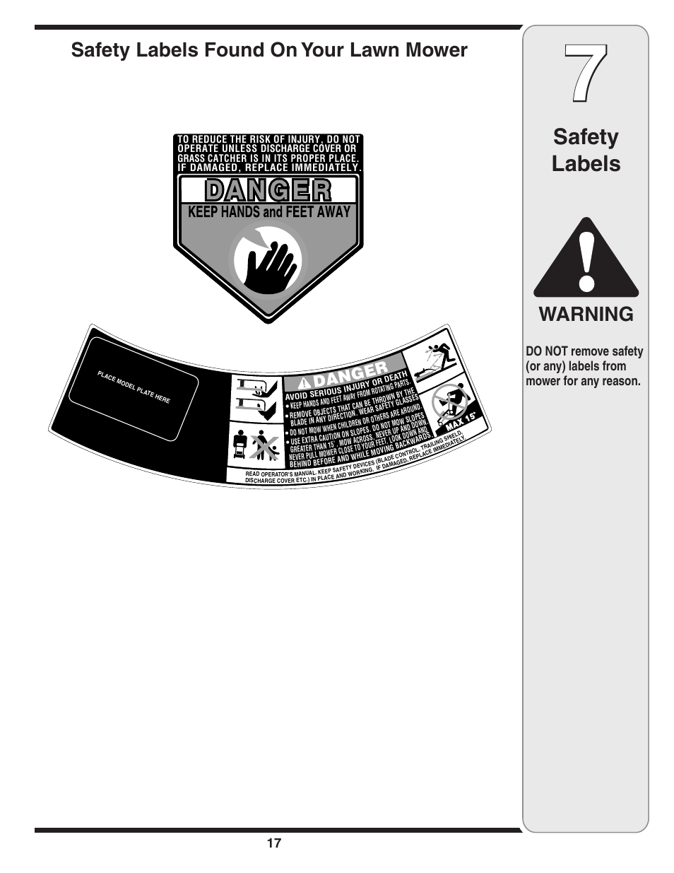 Safety labels, Warning, Safety labels found on your lawn mower | Dange r | MTD 030 Series User Manual | Page 17 / 20