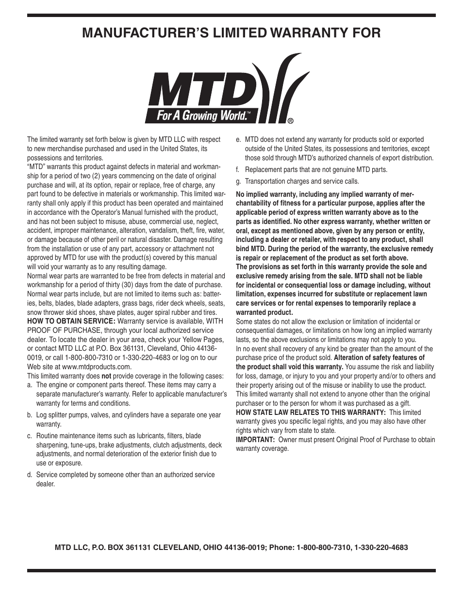 Manufacturer’s limited warranty for | MTD 030 Series User Manual | Page 20 / 20