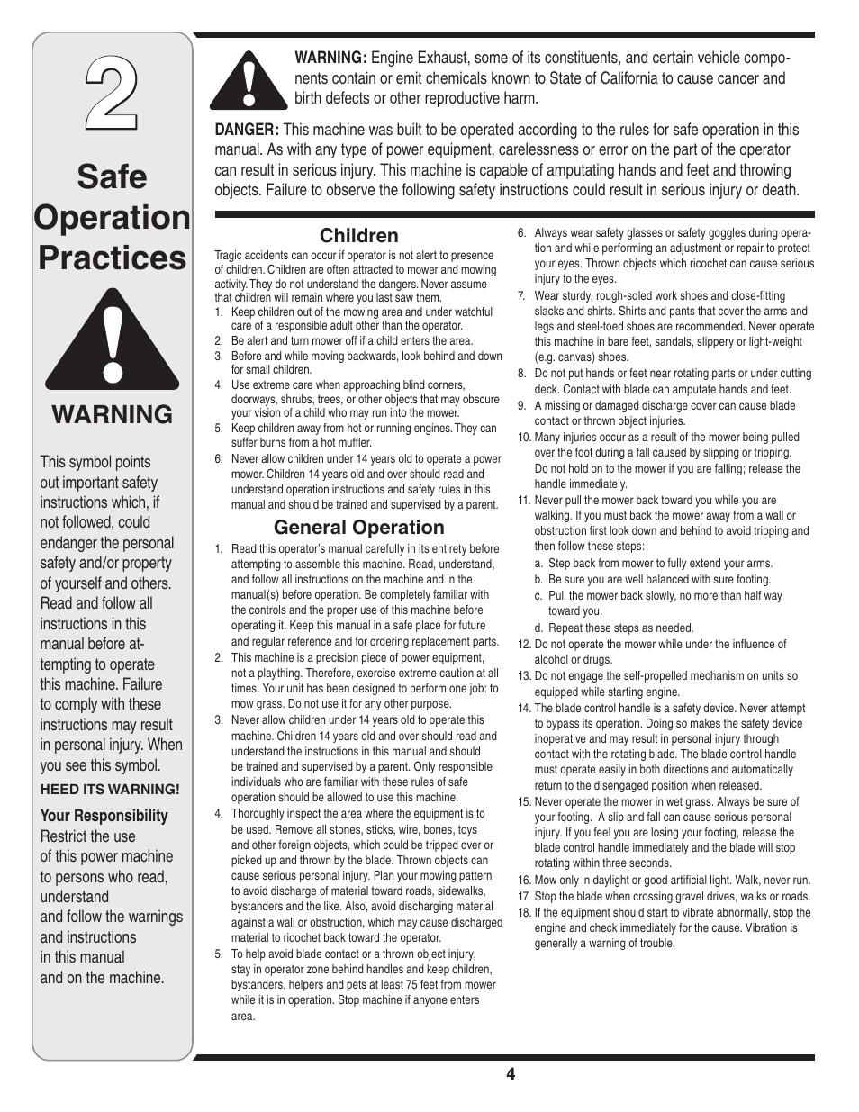 Safe operation practices, Warning, Children | General operation | MTD 030 Series User Manual | Page 4 / 20