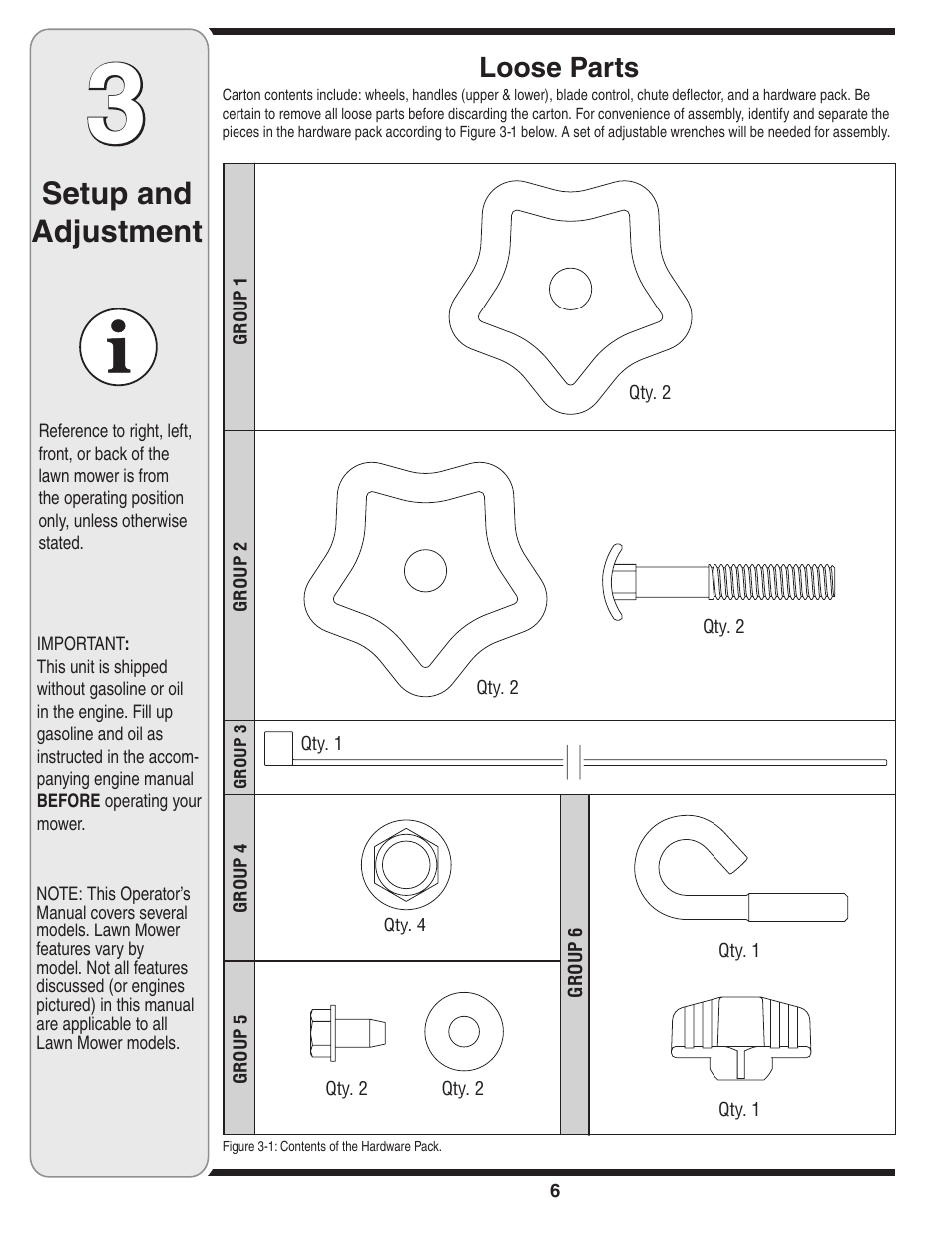 Setup and adjustment, Loose parts | MTD 030 Series User Manual | Page 6 / 20