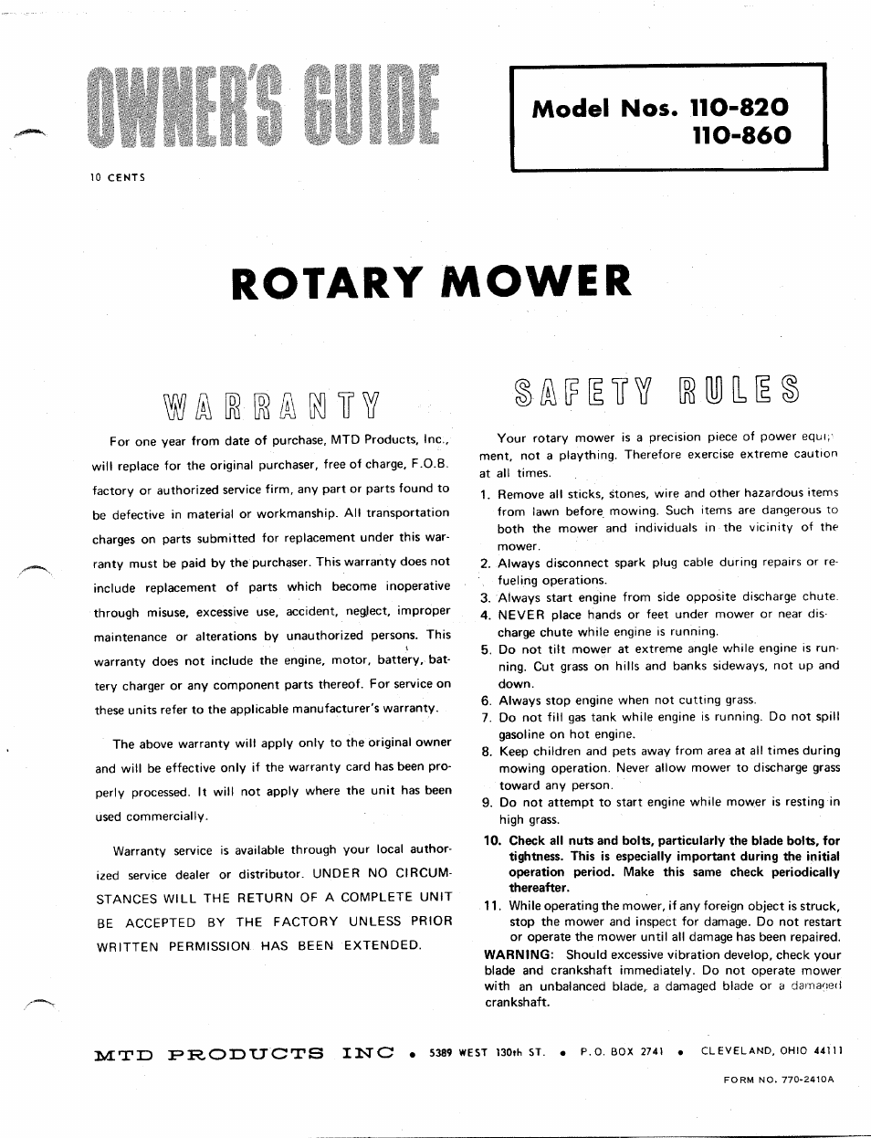 MTD 110-860 User Manual | 4 pages