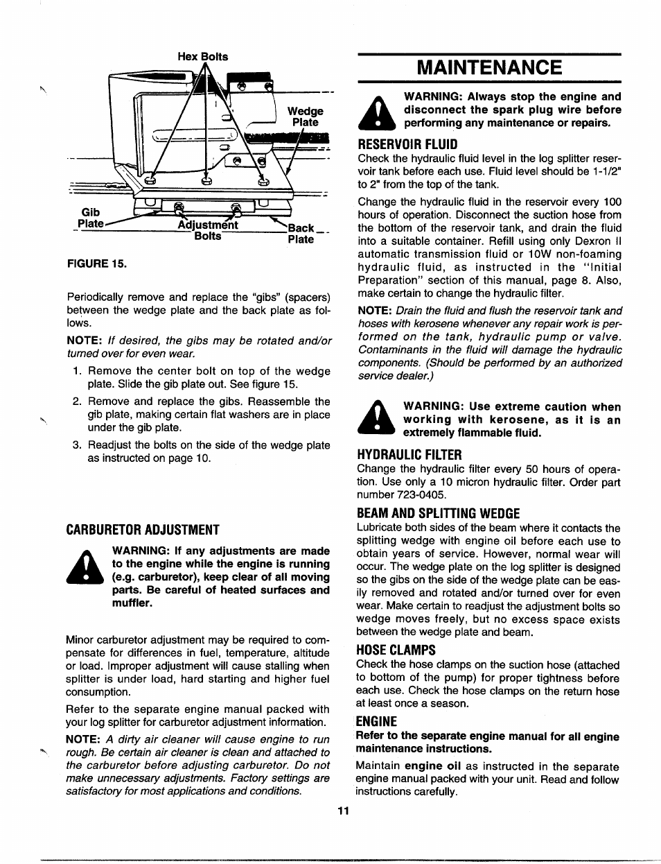 Maintenance, Carburetor adjustment, Reservoir fluid | Hydraulic filter, Beam and splitting wedge, Hose clamps, Engine | MTD 243-635-000 User Manual | Page 11 / 20