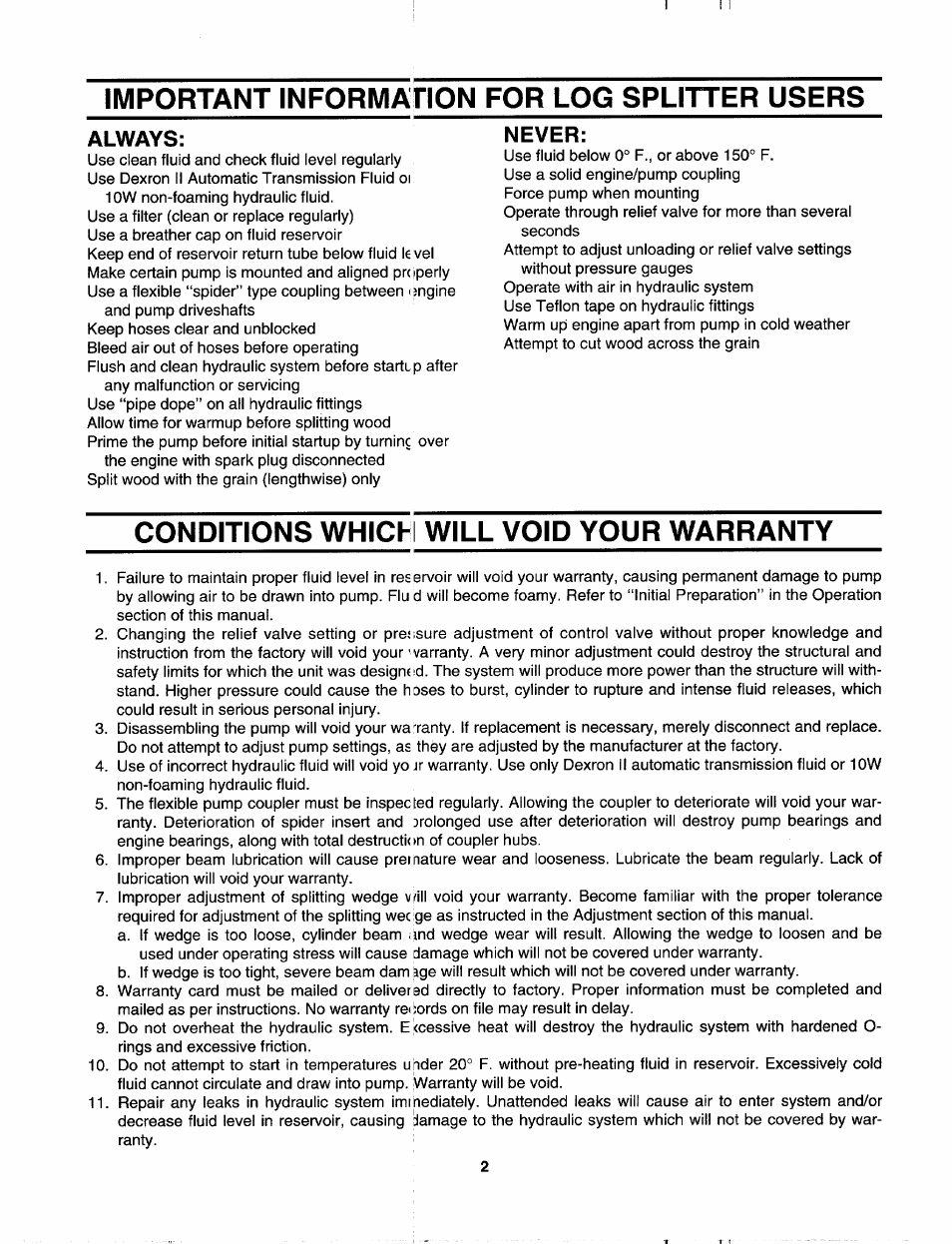 Important information for log splitter users, Conditions which will void your warranty, Always | Never | MTD 243-635-000 User Manual | Page 2 / 20