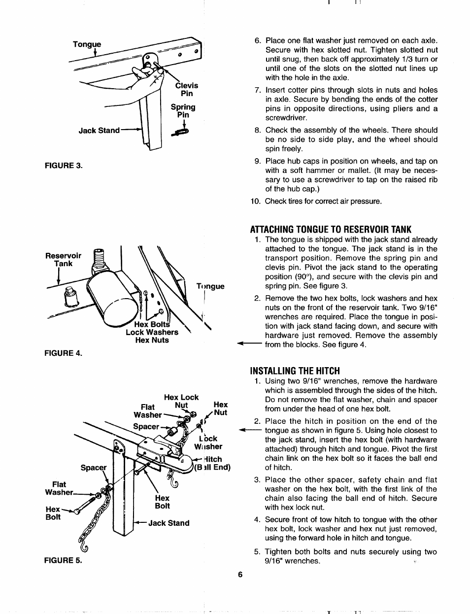 Attaching tongue to reservoir tank, Installing the hitch | MTD 243-635-000 User Manual | Page 6 / 20