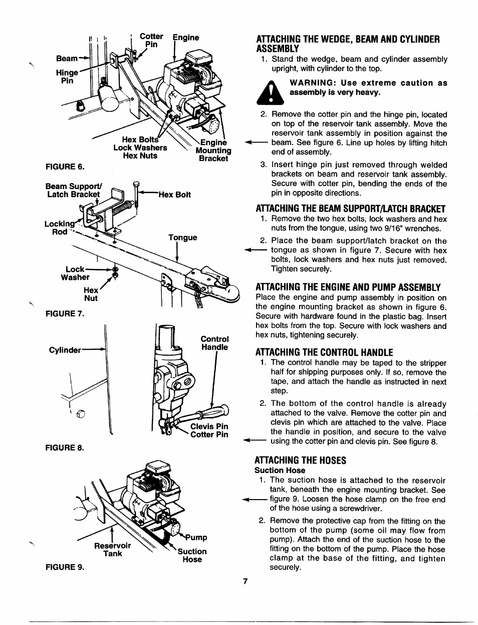 Ahaching the wedge, beam and cylinder assembly, Ahaching the beam suppdrt/latch bracket, Ahaching the engine and pump assembly | Ahaching the cdntrol handle, Ahaching the hoses | MTD 243-635-000 User Manual | Page 7 / 20