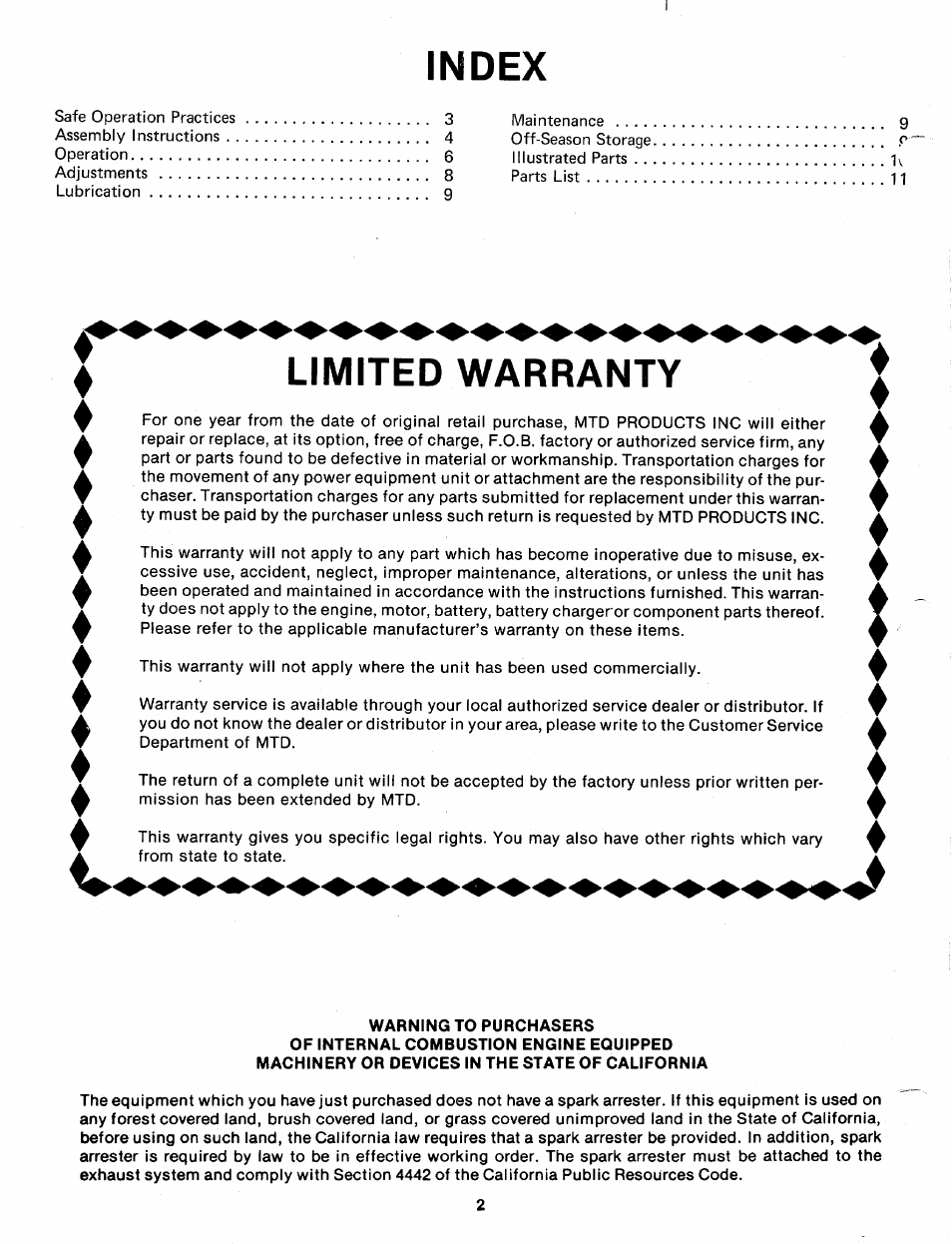 Index, Limited warranty | MTD 242-650A User Manual | Page 2 / 12