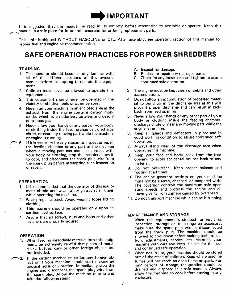 Important, Safe operation practices for power shredders, Training | Preparation, Operation, Maintenance and storage | MTD 242-650A User Manual | Page 3 / 12