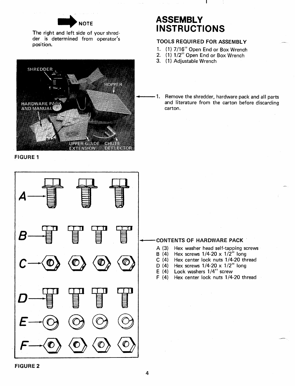 Note, Assembly, Instructions | Tools required for assembly, Contents of hardware pack, Assembly instructions | MTD 242-650A User Manual | Page 4 / 12