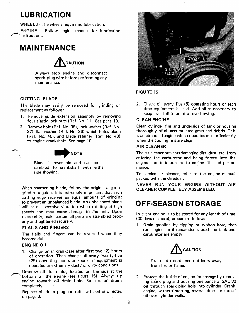 Lubrication, Maintenance, Cutting blade | Flails and fingers, Engine oil, Clean engine, Air cleaner, Off-season storage, Maintenance a | MTD 242-650A User Manual | Page 9 / 12