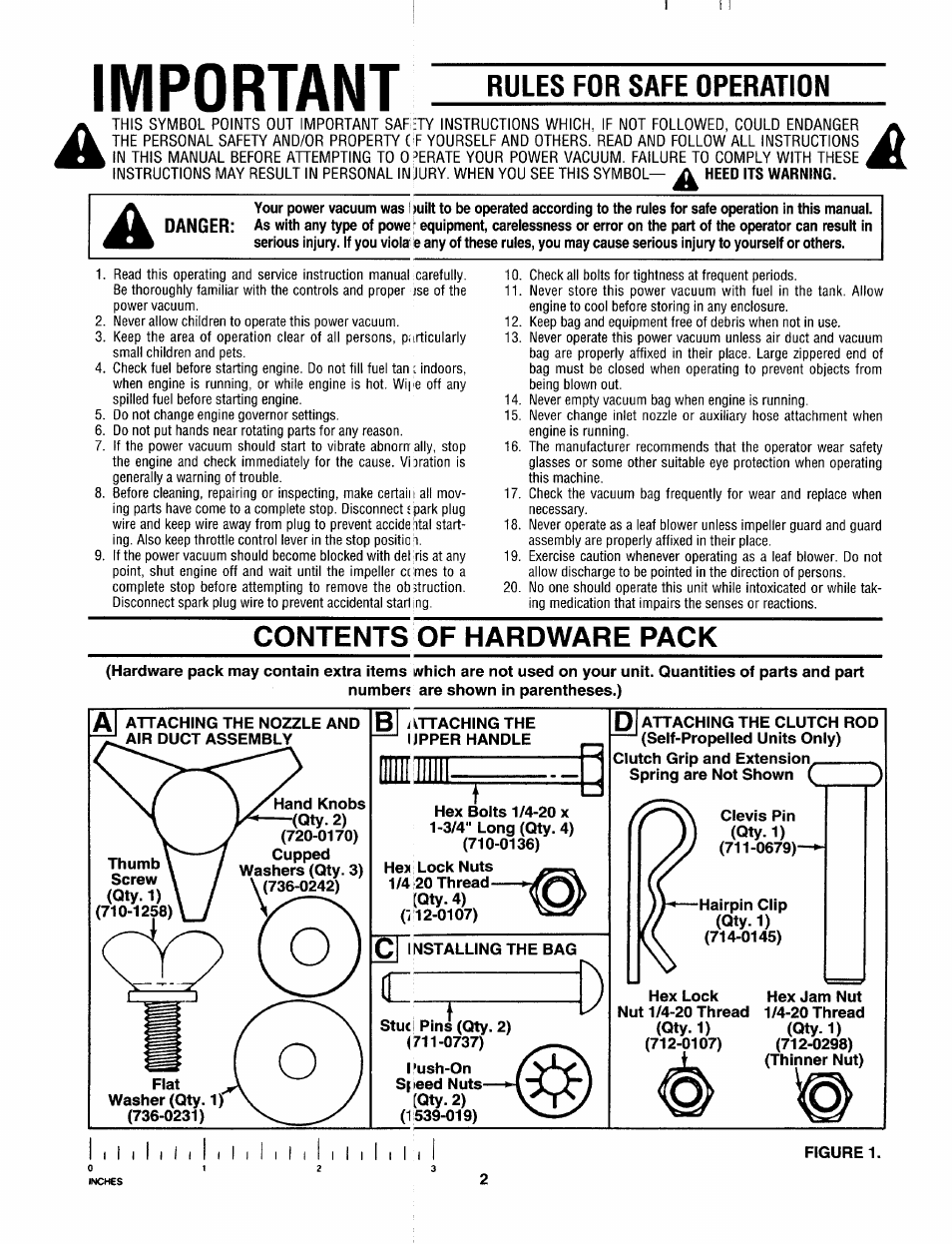 Rules for safe operation, Contents of hardware pack, I attaching the upper handle | Installing the bag, Figure 1, Important | MTD 243-685-000 User Manual | Page 2 / 12