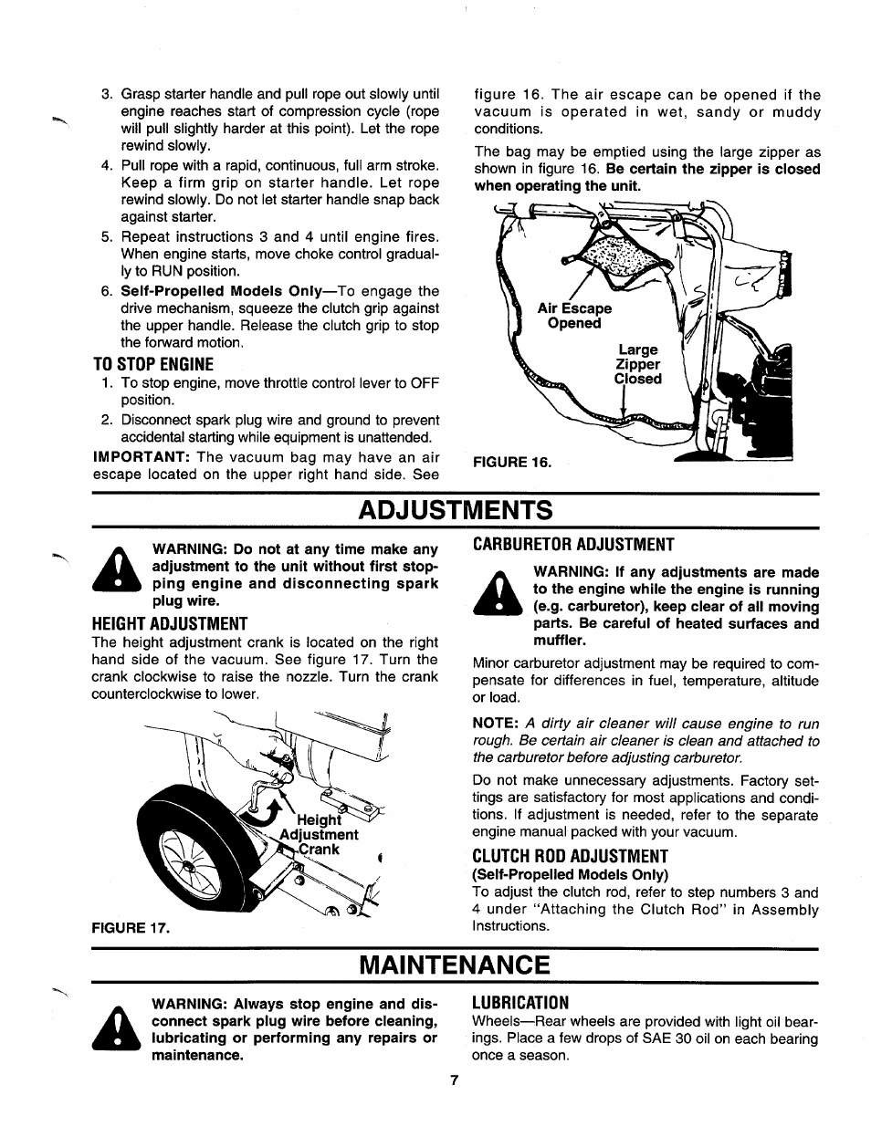 To stop engine, Adjustments, Height adjustment | Carburetor adjustment, Figure 17, Clutch rod adjustment, Maintenance, Lubrication | MTD 243-685-000 User Manual | Page 7 / 12