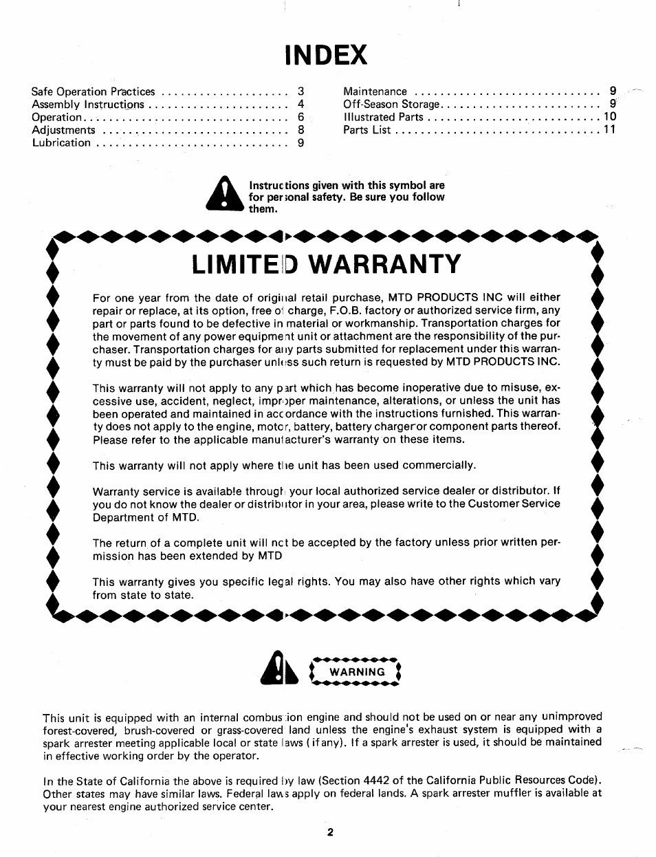 Index, Limited warranty, Warning | MTD 245-650-000 User Manual | Page 2 / 12