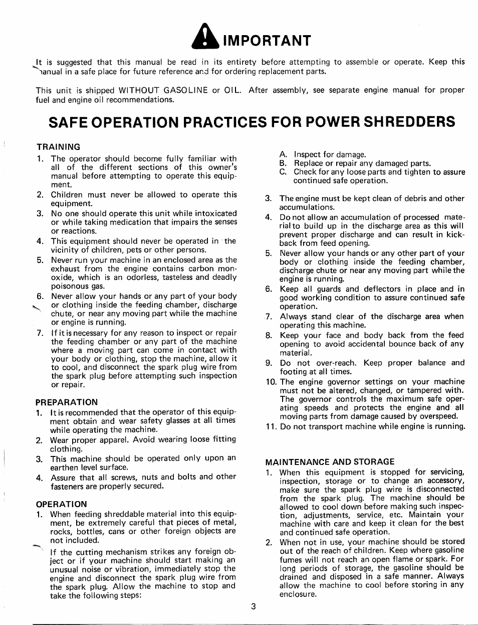 Safe operation practices for power shredders, Training, Preparation | Operation, Maintenance and storage, Important | MTD 245-650-000 User Manual | Page 3 / 12