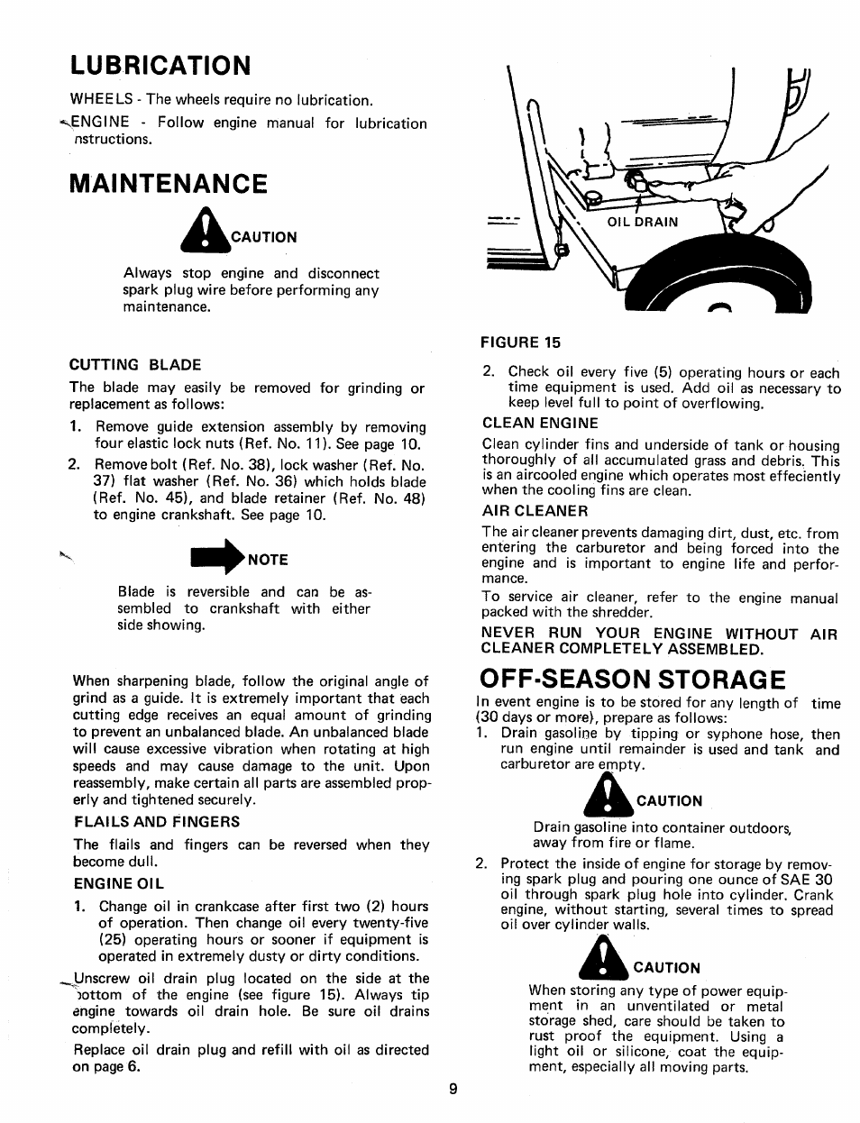 Lubrication, Maintenance, Cutting blade | Flails and fingers, Engine oil, Clean engine, Air cleaner, Off season storage, Caution, Maintenance off-season storage | MTD 245-650-000 User Manual | Page 9 / 12