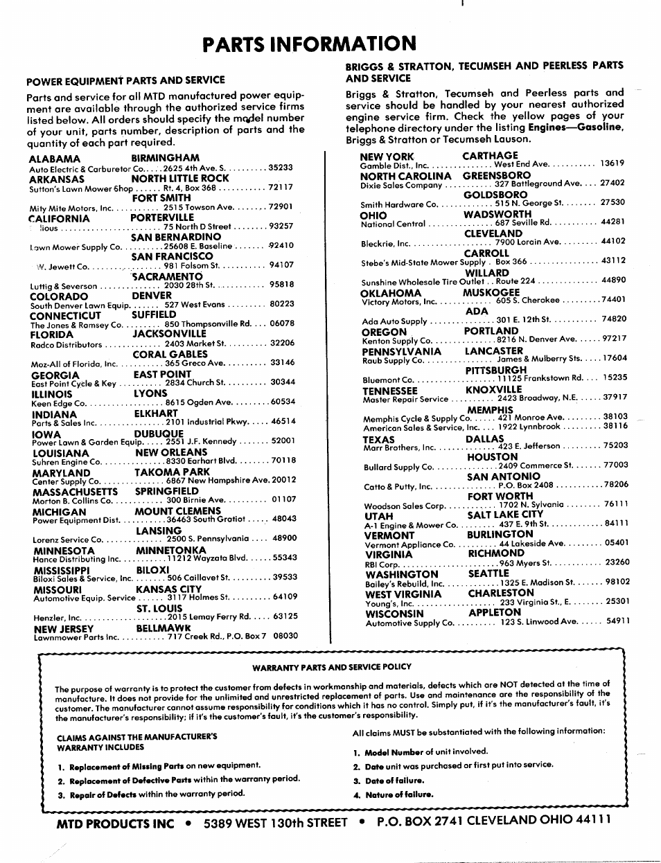 Parts information | MTD 248-670A User Manual | Page 12 / 12