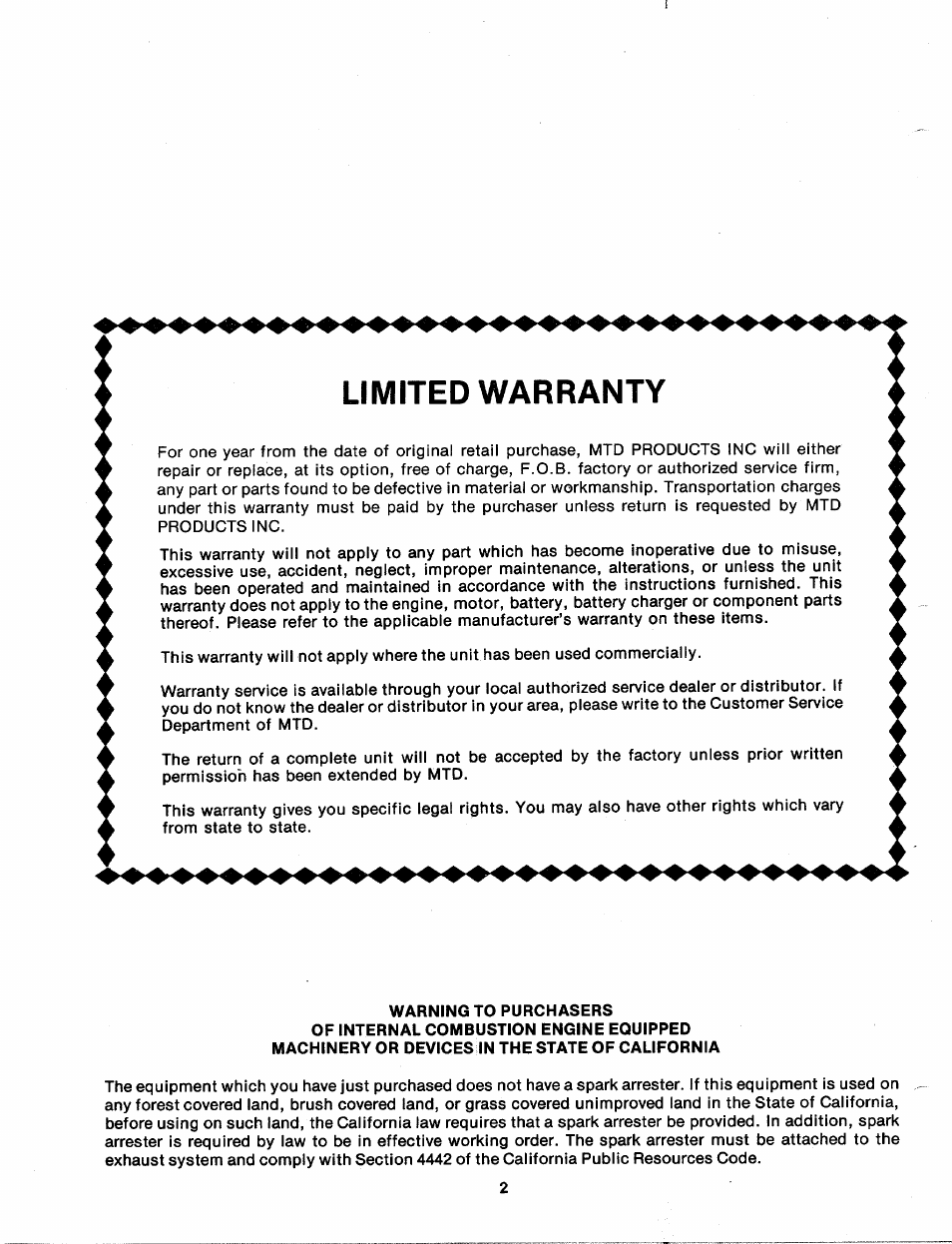 Limited warranty | MTD 248-670A User Manual | Page 2 / 12