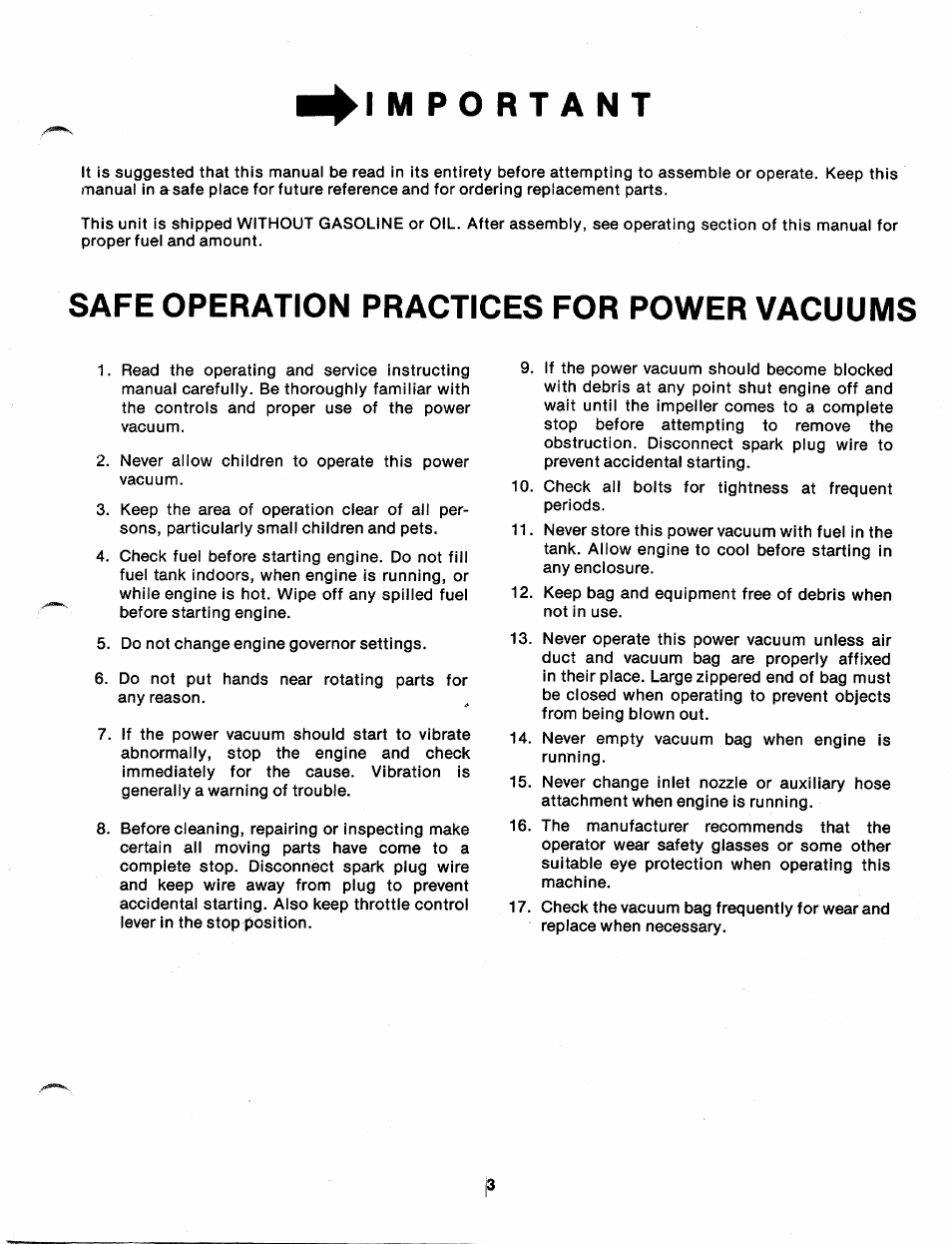 Important, Safe operation practices for power vacuums | MTD 248-670A User Manual | Page 3 / 12