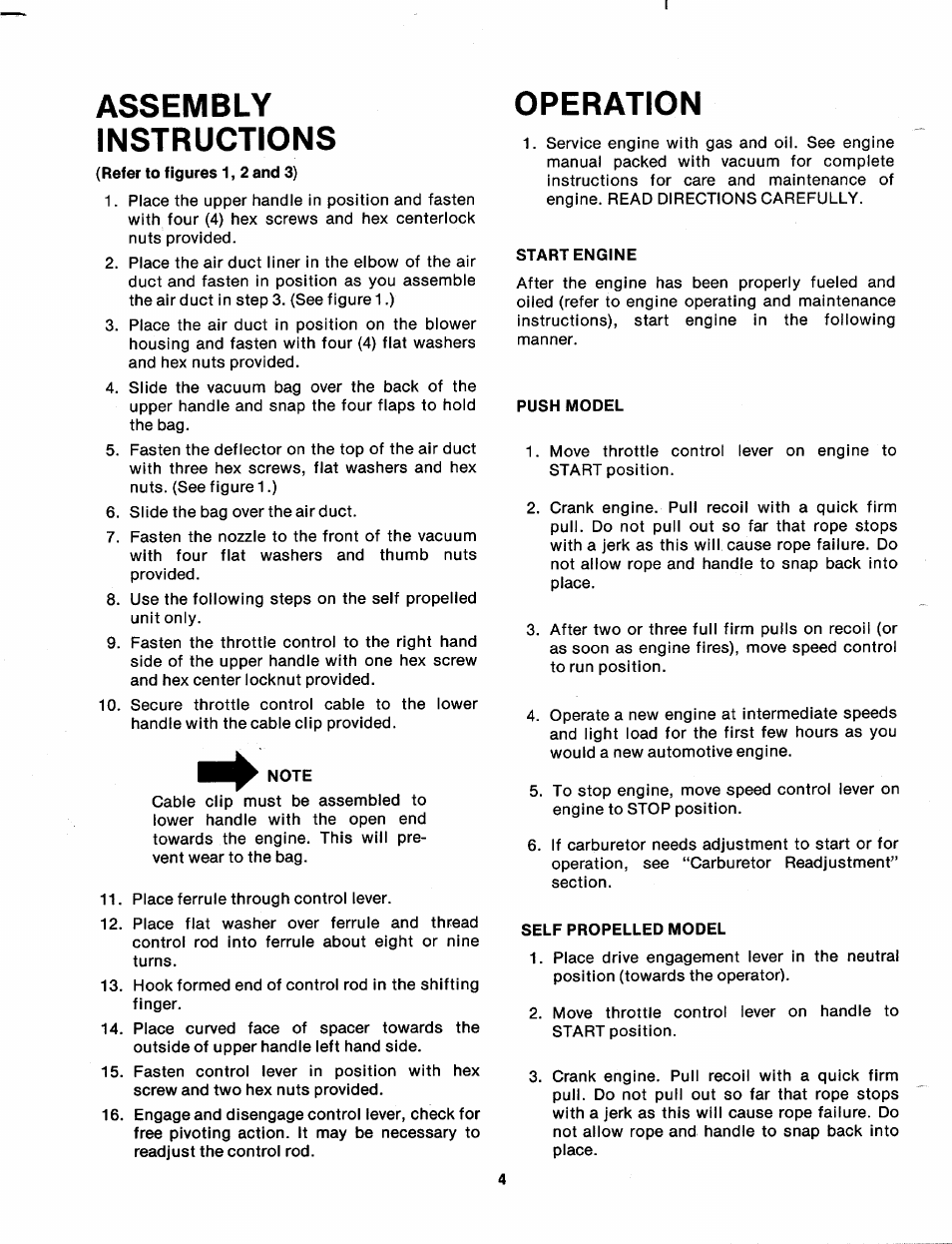 Instructions, Note, Start engine | Push model, Self propelled model, Assembly operation | MTD 248-670A User Manual | Page 4 / 12