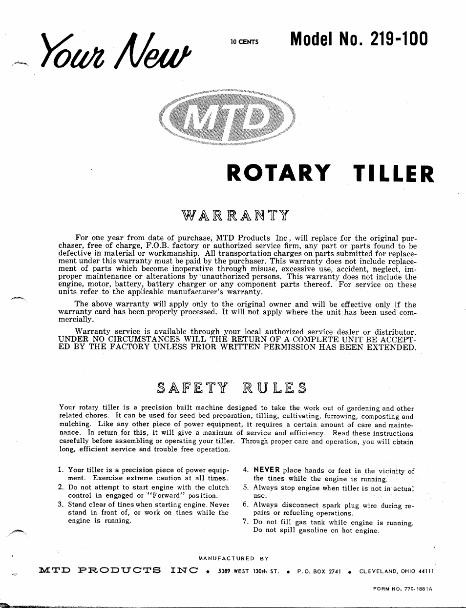 MTD 219-100 User Manual | 6 pages