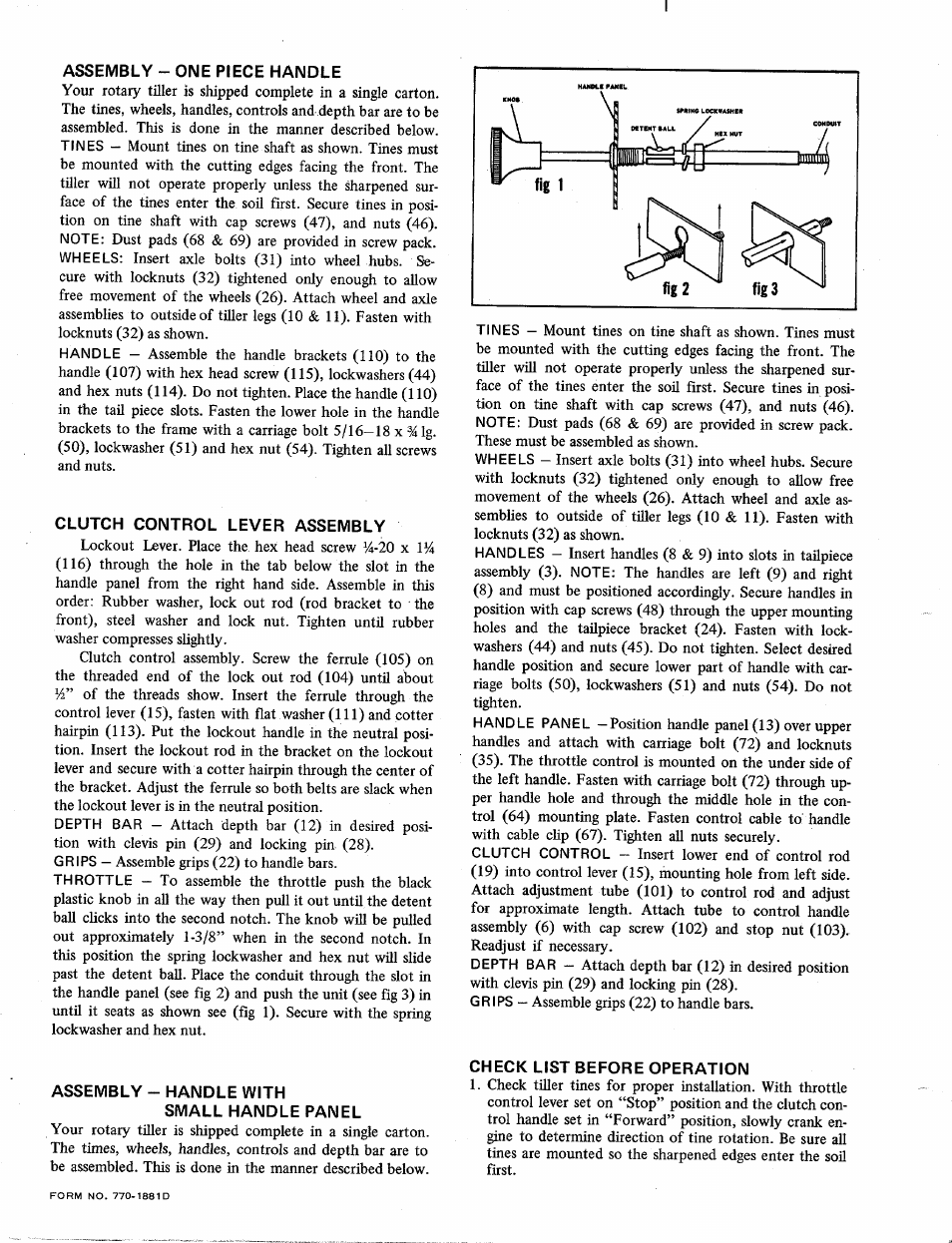 Assembly - one piece handle, Clutch control lever assembly, Assembly - handle with | Small handle panel, Check list before operation | MTD 219-100 User Manual | Page 4 / 6