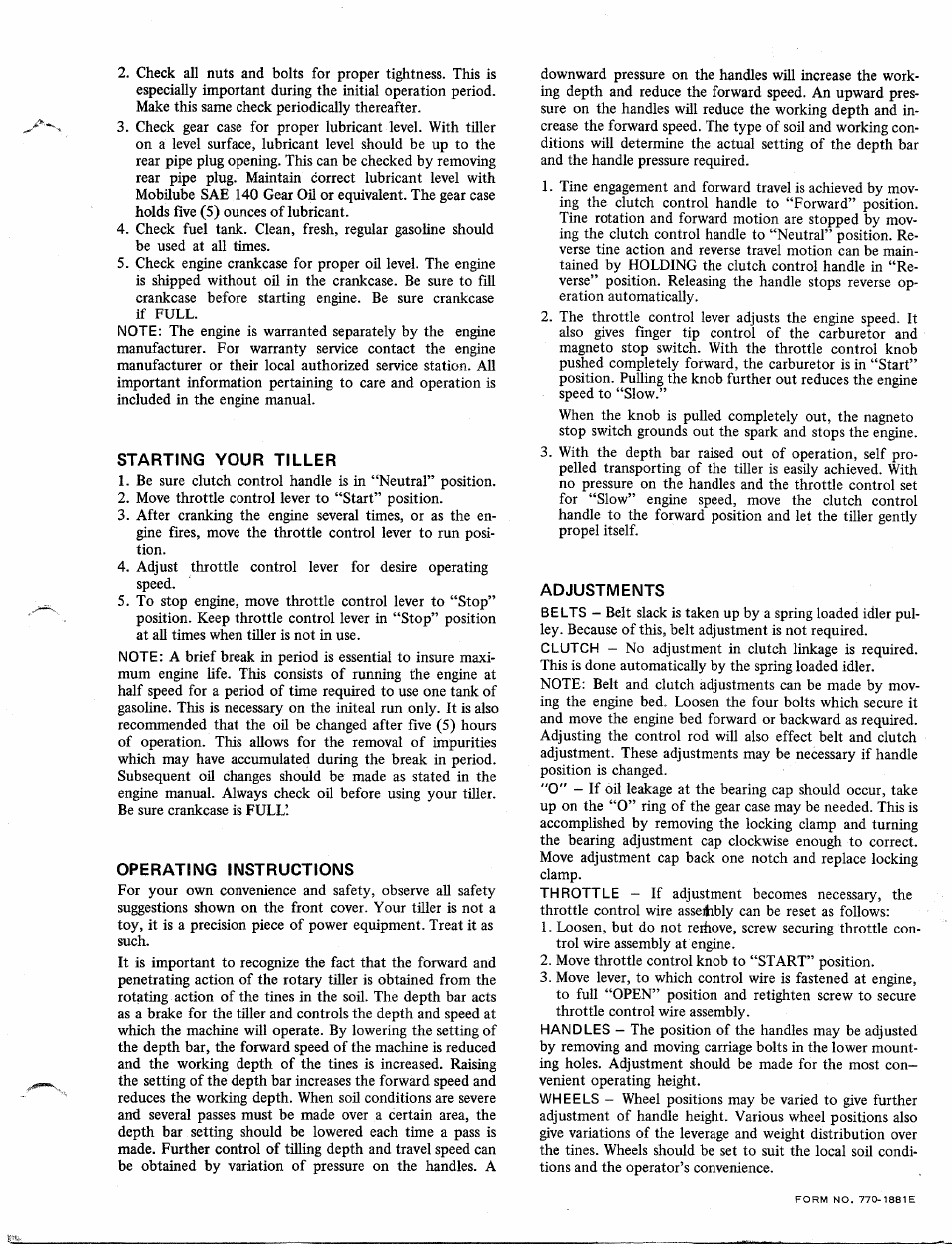 Starting your tiller, Operating instructions, Adjustments | MTD 219-100 User Manual | Page 5 / 6