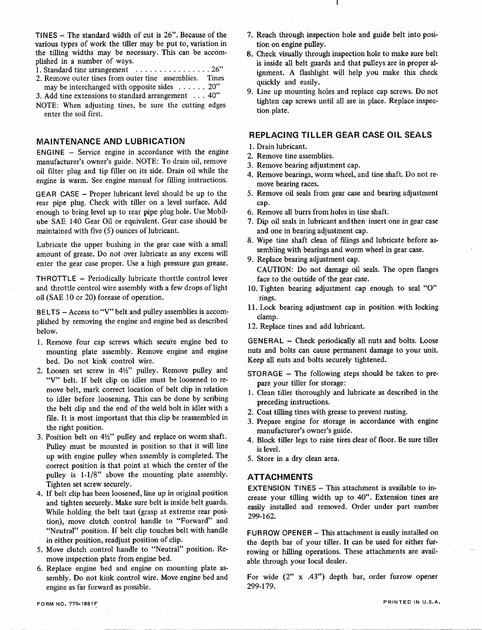 Maintenance and lubrication, Replacing tiller gear case oil seals, Attachments | MTD 219-100 User Manual | Page 6 / 6