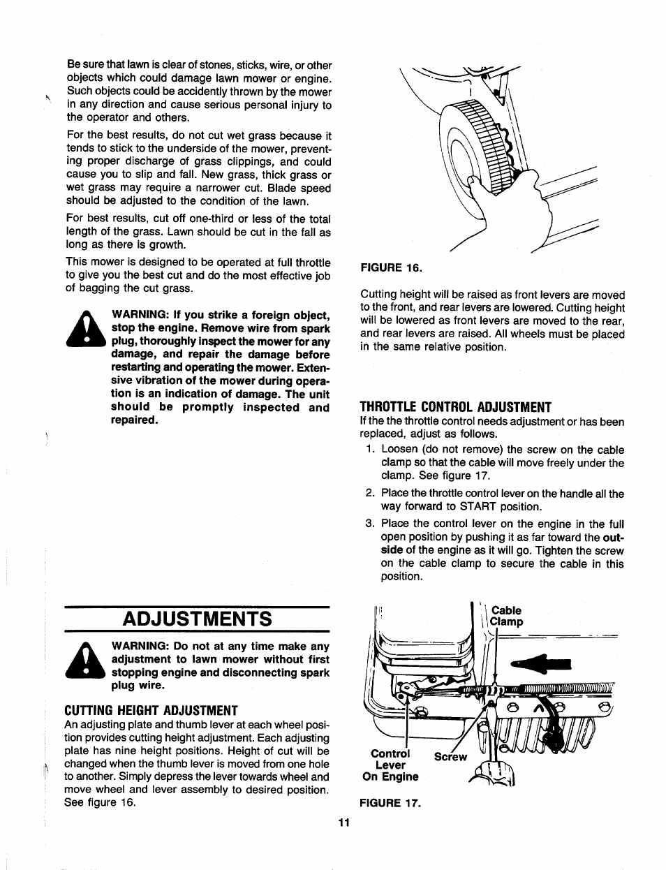 Throttle control adjustment, Adjustments, Cuning height adjustment | MTD 110-300R000 User Manual | Page 11 / 20