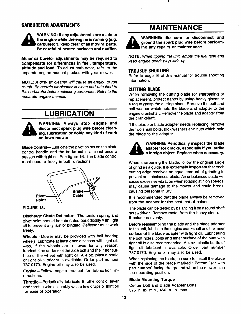 Carburetor adjustments, Maintenance, Lubrication | Trouble shooting, Cutting blade | MTD 110-300R000 User Manual | Page 12 / 20