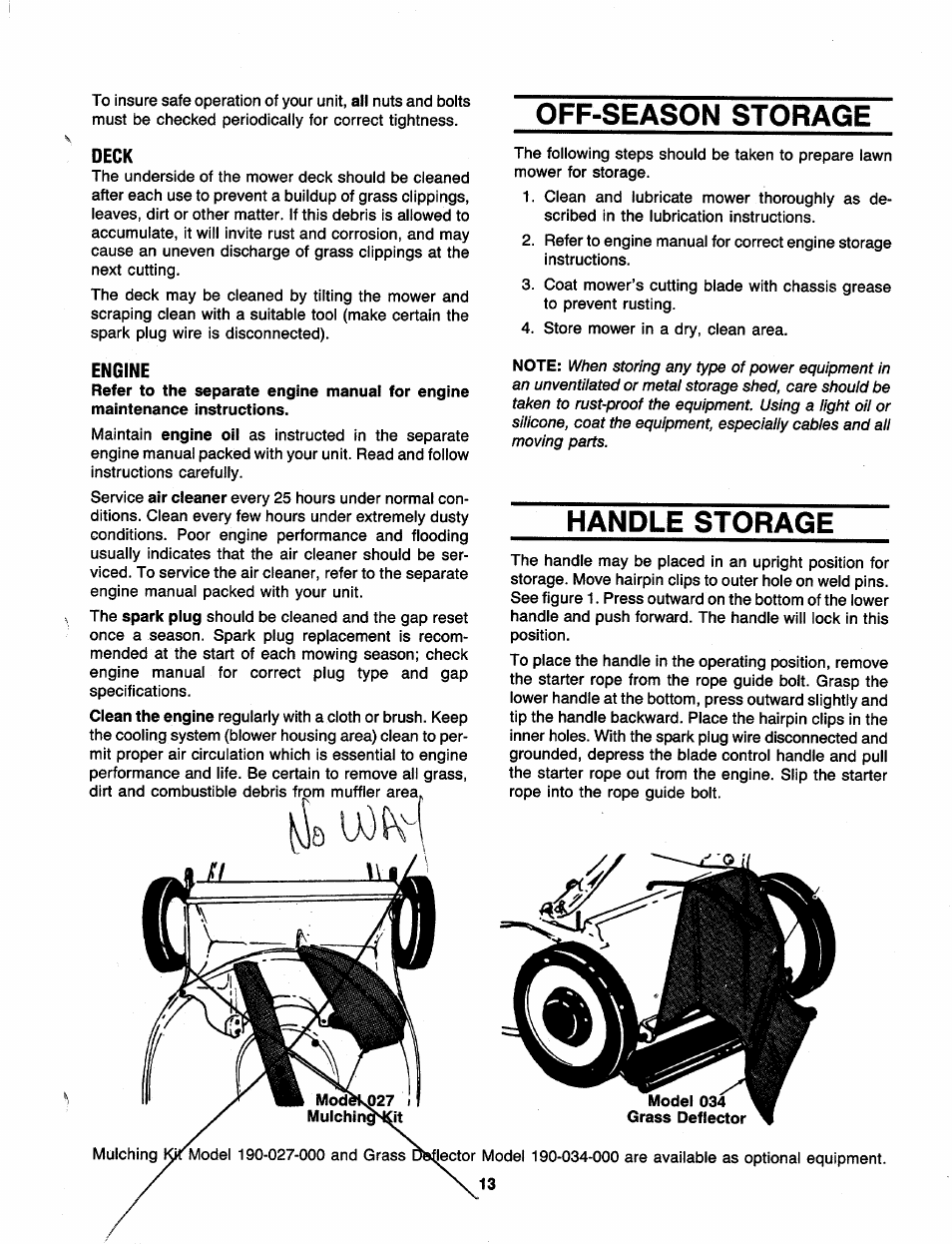 Deck, Engine, Off-season storage | Handle storage | MTD 110-300R000 User Manual | Page 13 / 20