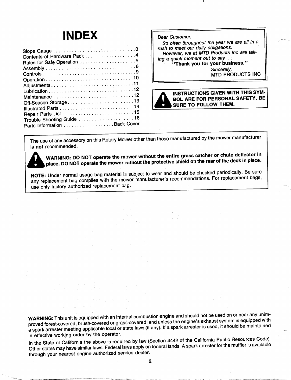 Index | MTD 110-300R000 User Manual | Page 2 / 20