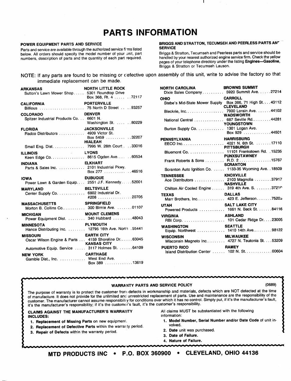 Parts information | MTD 110-300R000 User Manual | Page 20 / 20