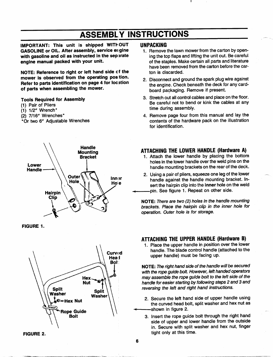 Assembly instructions, Unpacking, Attaching the lower handle (hardware a) | Ahaching the upper handle (hardware b) | MTD 110-300R000 User Manual | Page 6 / 20