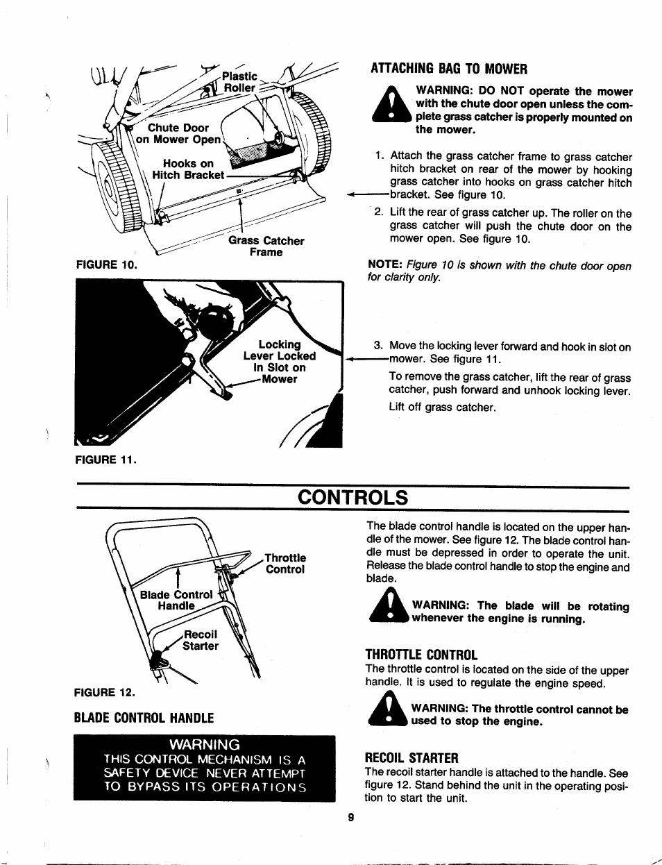 Attaching bag to mower, Controls, Blade control handle | Warning, Throhle control, Recoil starter | MTD 110-300R000 User Manual | Page 9 / 20