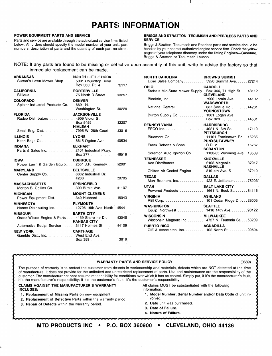 Parts; information | MTD 310-181-000 User Manual | Page 16 / 16