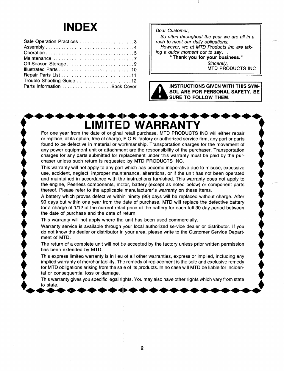 Index, Umited warranty, V^^^^^umited warranty | MTD 310-181-000 User Manual | Page 2 / 16