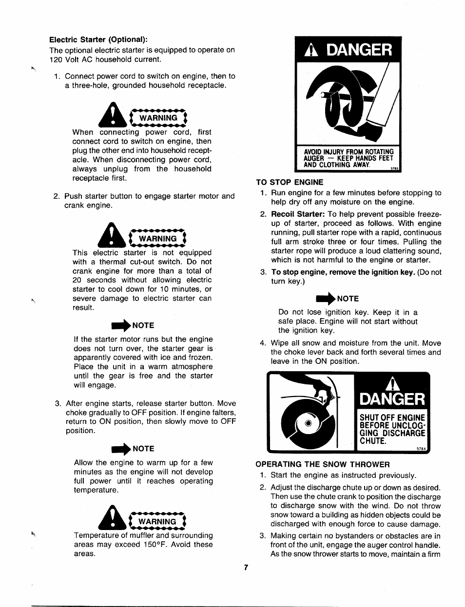 Electric starter (optional), To stop engine, To stop engine, remove the ignition key. (do not | Operating the snow thrower, A danger, Danger | MTD 310-181-000 User Manual | Page 7 / 16